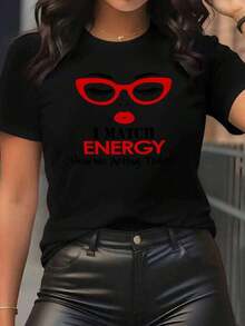 Unique T-Shirt With A Y2K Design And Eye-Catching Red Glasses Print Inspired By The Phrase "I MATCH ENERGY," Perfect For Expressing Your Style And Attitude Today. Ideal For Any Occasion And Highlighting Your Personality In Urban Fashion. - 黑色 - 查看 1