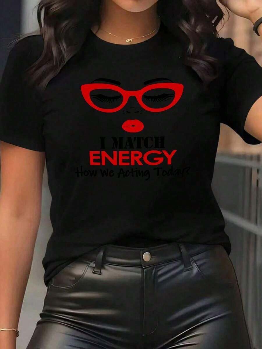Unique T-Shirt With A Y2K Design And Eye-Catching Red Glasses Print Inspired By The Phrase "I MATCH ENERGY," Perfect For Expressing Your Style And Attitude Today. Ideal For Any Occasion And Highlighting Your Personality In Urban Fashion. - 黑色 - 查看 1