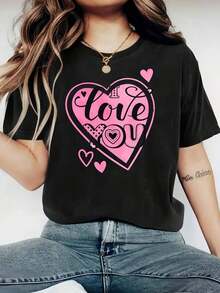 1 Pack Women's 200gsm T-Shirt With Happy Valentine's Day Print - Casual Polyester Knit Round Neck - Lightweight And Breathable All-Season T-Shirt. These Round Neck Printed Short Sleeve Casual Everyday T-Shirts Make Excellent Gifts For Friends And Family. Made Of 100% Cotton, They Feature A Youthful And Fashionable Design. - 黑色 - 查看 6