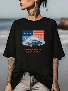 Camiseta de 180g con Estampado de Coche y Efecto Desteñido de Estrellas y Barras, Estilo Patriótico de Bandera Americana, Suave y Vintage, Adecuada para Celebraciones del Día de la Independencia, Regalo Familiar - Negro - Ver 7
