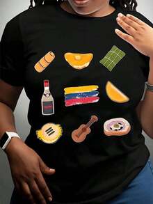 Women's Cotton T-Shirts Venezuelassss Culture Food And Music T-Shirt With Arepa Empanada Plantain Flag Rum And Guitar Design For Venezuelassssn Pride Festival Celebration And Daily Wear, Basic Women's Blouses - 黑色 - 查看 2