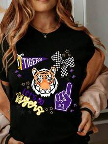 Women's Cotton T-Shirts, Tiger Cheer Cheering T-Shirt, Graphic Tee With The Team Spirit "Let's Go Tigers", Featuring A Tiger Face, Plaid Bow And Number One Hand Sign For School Spirit Events And Game Days, Women's Basic Tops. - 黑色 - 查看 7