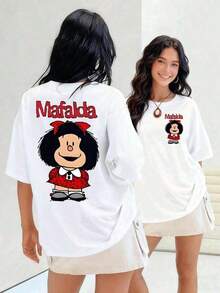 Women's Cotton T-Shirts. Iconic Cartoon Mafalda With Her Red Dress And Bow. Women's T-Shirt, Shows A Girl Who Represents Rebellion And Childhood Intelligence In Spanish, 100% Cotton. Basic Women's Blouses - 白色 - 查看 6