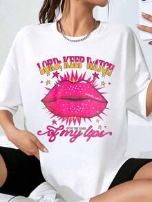 Women's "Lord Keep Watch Over The Door Of My Lips" Graphic T-Shirt, Fashion T-Shirt With Pink Lips Design And Star Print, Casual Style For Everyday Wear - 白色 - 查看 1