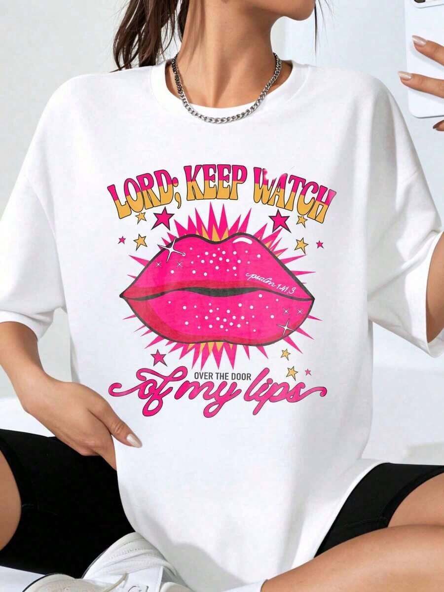 Women's "Lord Keep Watch Over The Door Of My Lips" Graphic T-Shirt, Fashion T-Shirt With Pink Lips Design And Star Print, Casual Style For Everyday Wear - 白色 - 查看 1