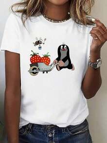 Women's Casual Sports Style T-Shirt With A Print Of A Cute Little Modern And Minimalist Mole Carrying Food, For Everyday Casual Wear. - 白色 - 查看 7