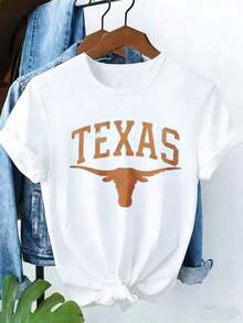 Women's Texas Longhorns University Logo Graphic T-Shirt, Casual Wear, College Spirit T-Shirt, Summer Fashion Cotton T-Shirt - 白色 - 查看 3