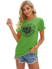 1Piece Fashion Casual For Men And Women City Bell Women T-Shirt Short Sleeve Tee Sunflower Graphic Loose Summer Top Versatile, Easy To Match, Suitable For Daily Wear, Urban Style, Holiday Outfits, Weekend Outfits. - 綠色 - 查看 2