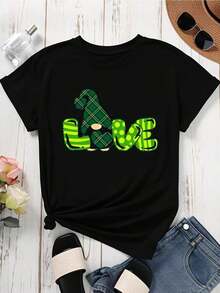 Mexican Women's Crew Neck T-Shirt With Loving Gnome Print, Short Sleeve, Casual St. Patrick's Day Wear, Summer Fashion Cotton T-Shirt - 黑色 - 查看 3