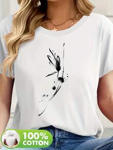 100% Cotton Short-Sleeved T-Shirt With Soft Feather Print, A Must-Have Item For Everyday Summer Wear, Perfect For Beach And Seaside Holidays, The Fabric Is Comfortable, Elegant Blouses For Ladies. - 白色 - 查看 1