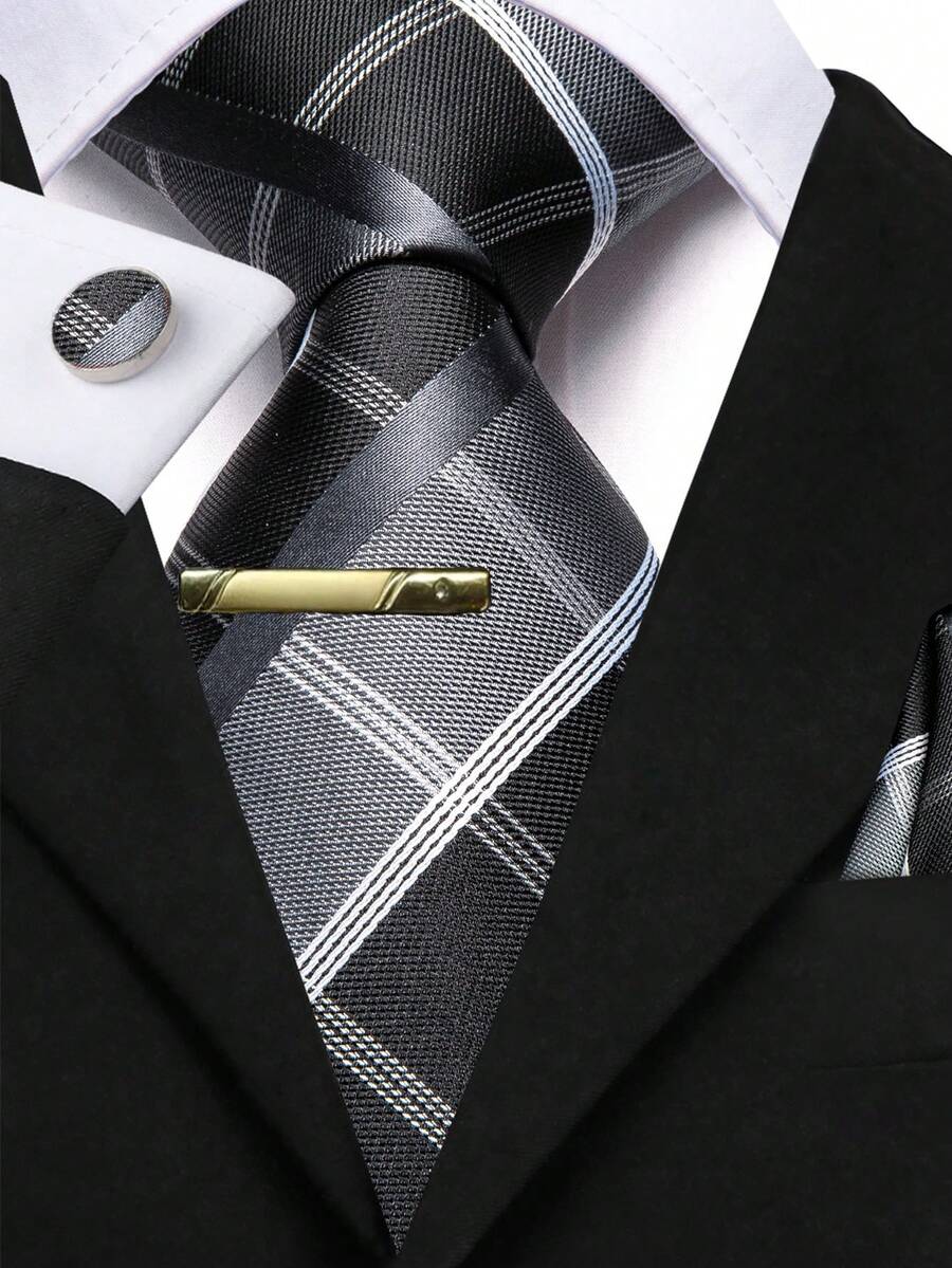 4件組男士灰色格紋領帶套裝，含口袋巾、隨機款袖扣與金色領帶夾，節慶正式領帶 - 灰色 - 查看 1