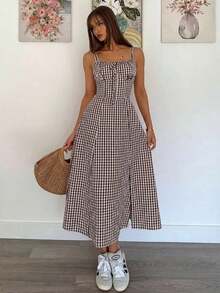 Vestido a media pantorrilla con tirantes a cuadros para mujeres, de moda y apropiado para el verano - Marrón - Ver 3