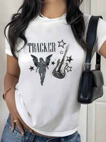 100% Cotton. Winged Angel Figure Next To An Electric Guitar And Stars Symbolizing Strength, Freedom, And Musical Passion. Women's White T-Shirt, 100% Soft And Comfortable Cotton, Ideal For Everyday Wear. Women's Simple Solid Color T-Shirt, Loose And Slim Fit Casual Short Sleeve - 白色的 - 查看 1