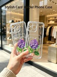1 unidad Hortensia acuarela floral morada Funda para iPhone 16 E, protección anticaída con airbag reforzado en las cuatro esquinas, tarjetero invisible integrado en la parte trasera, compatible para tarjeta personal, carnet de conducir, tarjeta de acceso y tarjeta de transporte, funda protectora antigolpes portátil con ranura para tarjetas, diseño sencillo y elegante, ideal para uso diario, desplazamientos y viajes - transparente - Ver 3