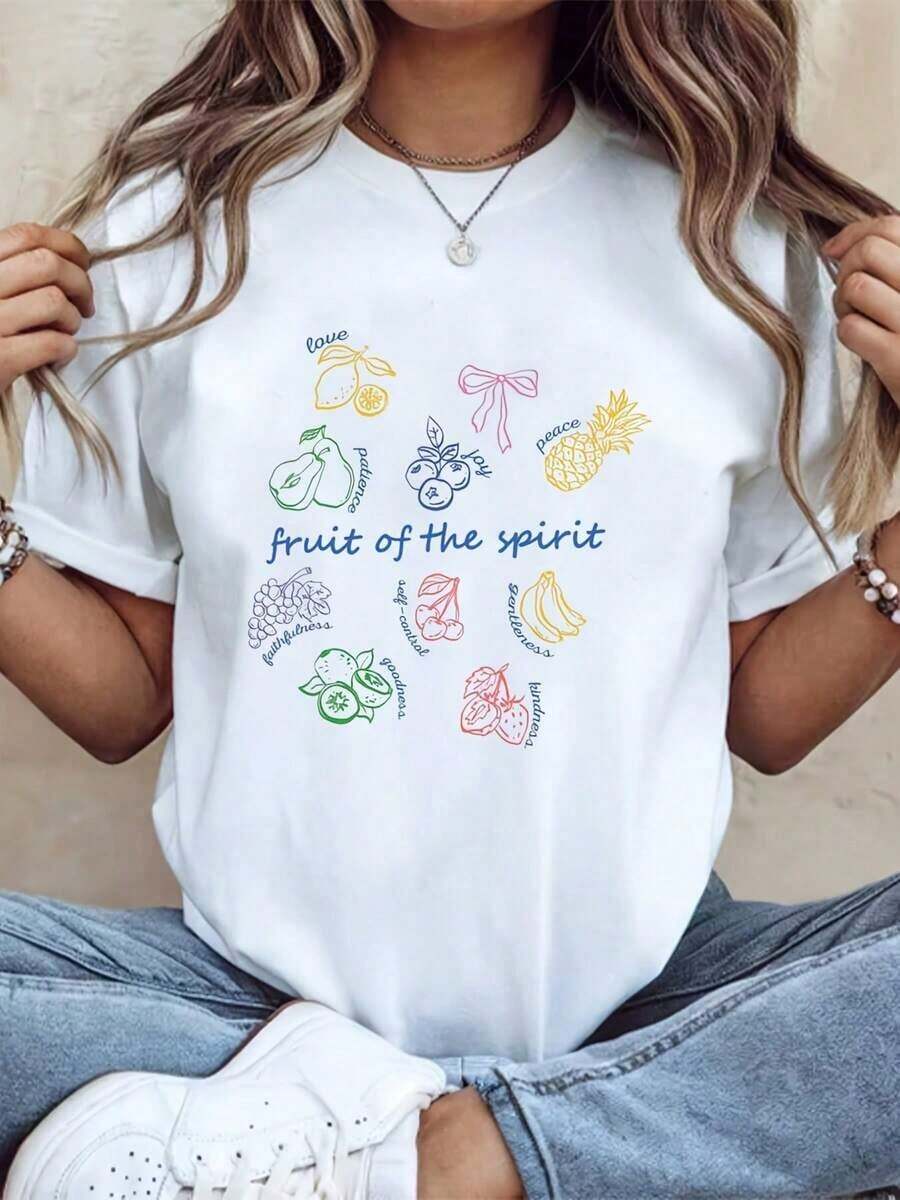 Women's Casual Short Sleeve T-Shirt With Colorful Fruit Print And Phrases, Ideal For Daily Use, Comfortable Fabric, Perfect As A Gift. - 白色 - 查看 1