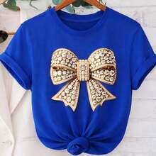 Women's Cotton T-Shirt, Sizes M-5XL, Loose Fit, Short Sleeve, Round Neck, Rhinestone Bow Print, Casual Top For Everyday Wear, Basic T-Shirt, Soft And Comfortable Fabric, Loose Style, Modern And Friendly Graphic T-Shirt For Women. - 藍色 - 查看 7