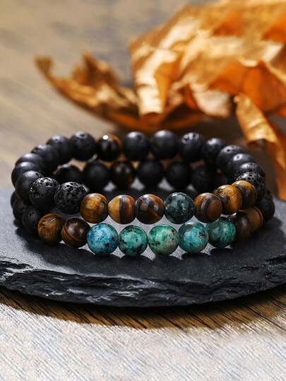 2pcs/ Sets Men's Beaded Bracelets Made With 8mm Lava & Tiger Eye & African Turquoise Stretchy Design, Handmade Jewelry Unisex Fashion Accessory For Gifts, Protection, Strength, Optimism And Courage