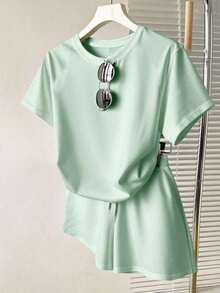 Conjunto casual diario de top de manga corta de cuello redondo de unicolor y shorts con cordón en la cintura para mujer - verde menta - Ver 5