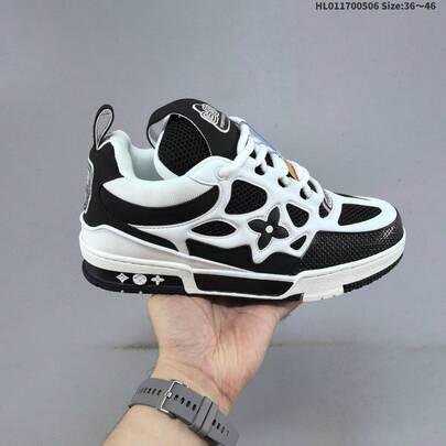 LVi Black White Mesh Low-Top Sneakers, Designer Inspired Casual Shoes With Flower Detail, Trendy Footwear For Street Style & Daily Wear