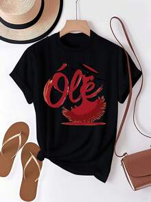 Women's Spanish Flamenco Dancer T-Shirt - Solid Color Short Sleeve Top With Authentic Spanish Dance Art Design, Suitable For Flamenco Performances And Casual Daily Wear. Elegant Party Outfit, T-Shirt For Elegant Ladies, Blouses Suitable For Curvy Women, Casual Wear, Cool And Sweat-Free Summer Clothes, Fun Letter Print - 黑色 - 查看 6