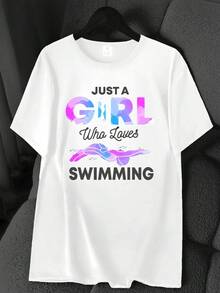 T-Shirt With A Girl Swimming Print. Available In 6 Colors, Short Sleeves, Round Neck, High-Stretch Casual Sports Top. Machine Washable. Suitable For Spring And Summer. Can Be Worn In All Seasons. Women's Clothing. Elegant Party Outfit, T-Shirt For Stylish Ladies, Blouses Suitable For Curvy Women, Casual Wear, Cool And Breathable Summer Wear, Fun Letter Print. - 白色 - 查看 1