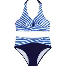 Sexy Bikini For Women, Striped Design With Deep V-Neck, Halter Neck And Quick-Drying Fabric - Blue - View 6