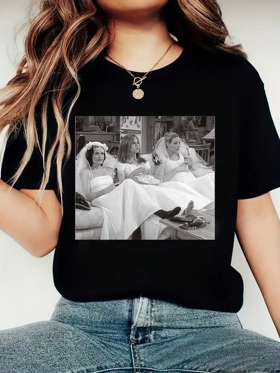 Monica Geller, Rachel Green, And Phoebe Buffay Printed T-Shirts, Casual Short-Sleeve Crew Neck Tops, Women's Spring And Summer Clothing, Outfits For Parties And Gatherings, Birthday Gift Outfit - 黑色 - 查看 1