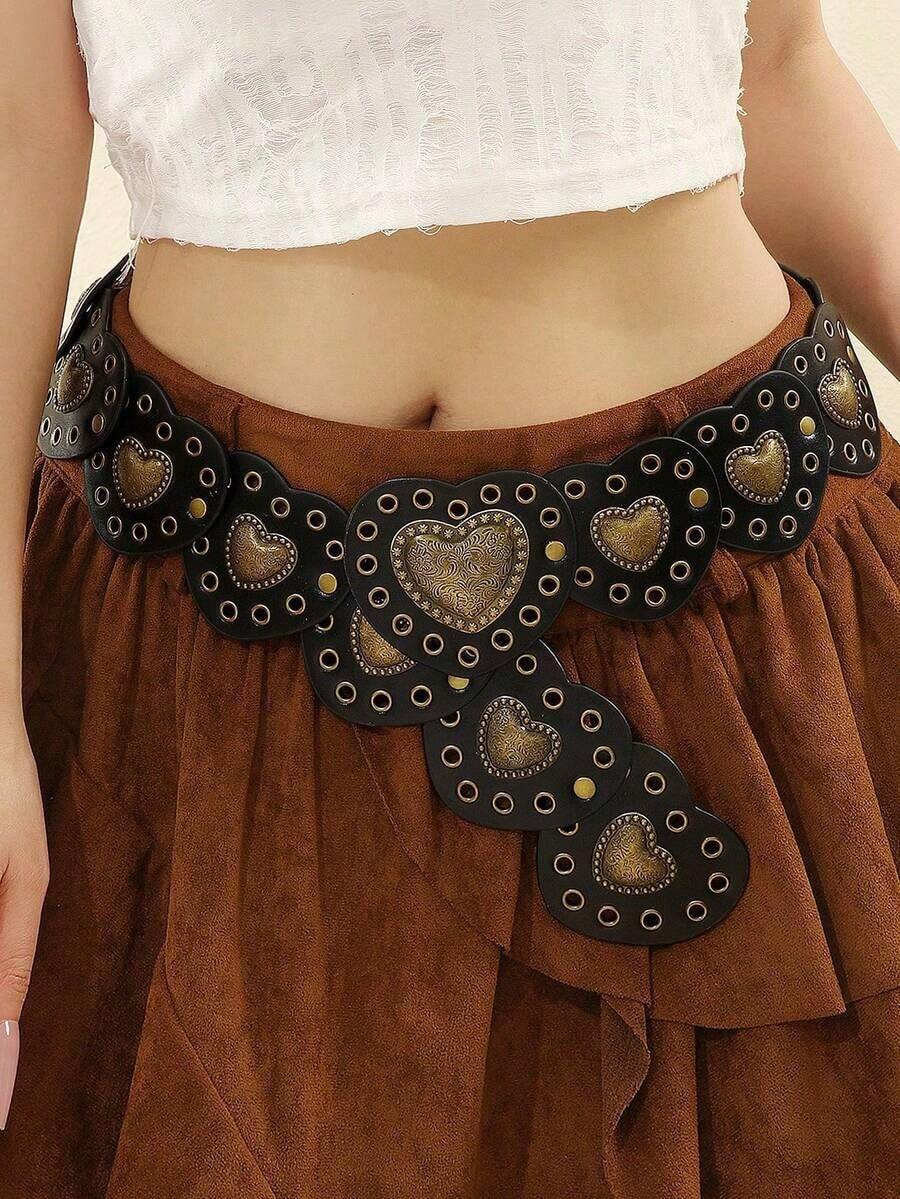 1 Piece Bohemian Vintage Style Dress Belt With Heart Patch And Decorative Rivets, Suitable For Women's Daily Wear And Parties On Halloween, Valentine's Day, Summer, School, Autumn - 2 - 查看 1