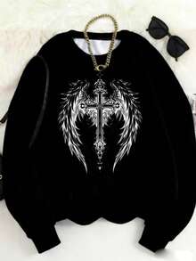 MSUCC|Women's Basic T-Shirt With Round Neck, Print, American Style, Modern And Youthful Design, Suitable For All Seasons And Daily Wear, With Soft Fabric|Sweatshirt With Cross And Wings Print - Hitam - View 1