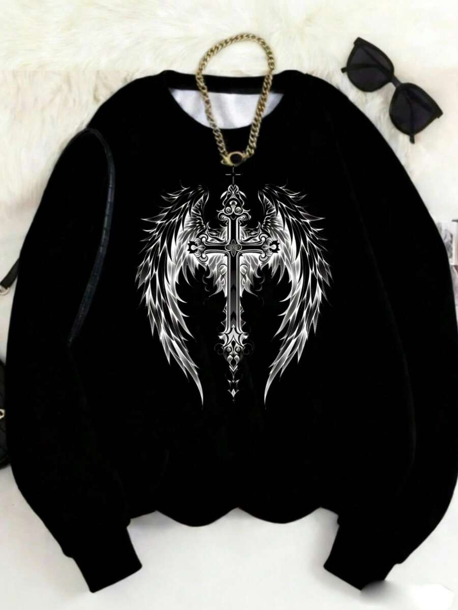 MSUCC|Women's Basic T-Shirt With Round Neck, Print, American Style, Modern And Youthful Design, Suitable For All Seasons And Daily Wear, With Soft Fabric|Sweatshirt With Cross And Wings Print - Hitam - View 1