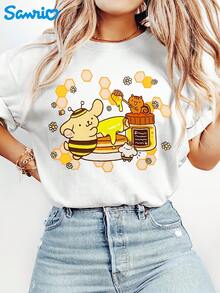 Camiseta Estampada para Mujer con Gráfico de Abeja de Cómic Colorido - Camiseta Casual de Manga Corta y Cuello Redondo, Corte Relajado para Todas las Estaciones, Perfecta para el Uso Diario o Atuendos de Vacaciones (Lavable aáquina). - Blanco - Ver 1