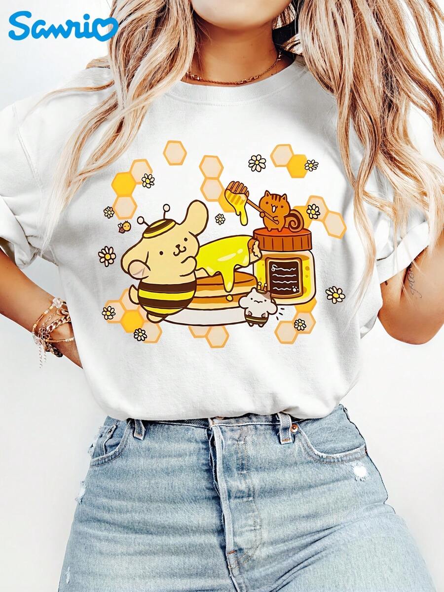 Camiseta Estampada para Mujer con Gráfico de Abeja de Cómic Colorido - Camiseta Casual de Manga Corta y Cuello Redondo, Corte Relajado para Todas las Estaciones, Perfecta para el Uso Diario o Atuendos de Vacaciones (Lavable aáquina). - Blanco - Ver 1