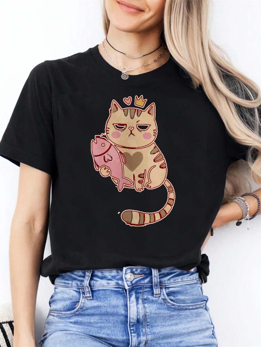 Plus Size - Plus Size - Women's Fashionable Casual Crew Neck T-Shirt For New Year's | Short-Sleeved Shirt With A Special Cat Print, Suitable For Everyday Wear And As A Gift For Friends And Family, Plus Size. - 黑色 - 查看 1