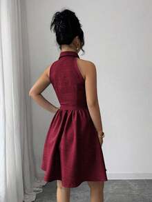 Elenzya Vestido de cuello de camisa sin mangas con tela de efecto lino de dos tonos y efecto de mezclilla, silueta en línea A, diseño elegante y romántico, adecuado para uso al aire libre - Burdeos - Ver 2