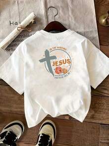 | Exquisite Design | Loose And Comfortable | Easy To Match | Printed T-Shirt With Designs On The Front And Back, Featuring Jesus And The Cross, Round Neck, Short Sleeves, Casual Style For Women, Comfortable Fit, Classic Design, Fashionable Item, Double-Sided Printed Top For Women. - 白色 - 查看 2