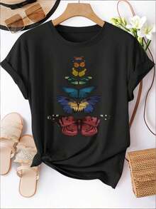 Women's Casual Sports T-Shirt - Black Knotted Round Neck T-Shirt With Colorful Butterfly Design, Elastic And Machine Washable, Comfortable Fit For All Seasons, Perfect For A Casual And Vibrant Style. - 黑色 - 查看 6