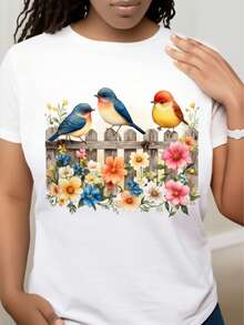 Wo's  Shirt, Cute Streetwear Style, Soft  Short Sleeves With Pattern Design, Casual Round Neck, Stretch Fabric,  Summer Top, Clothing, Comfortable And Fitted Shirt, Mother's Day Gift, Streetwear. Loose And Comfortable. - 白色 - 查看 1