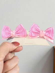 2pcs Girls Casual Simple Plaid Dual-Tone 3D Bow Hair Clips Suitable For Daily Wear And Back To School Season - Pink - View 2
