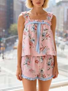 Women's Floral Print Ruffled Cami  Shorts Loungewear Set, Square Neck Bow Detail Pajama Set - Pink - View 2