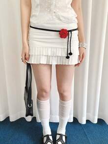 1 chiếc dây thắt lưng bằng polyester màu đen, họa tiết hoa đỏ. - màu đen - Xem 5