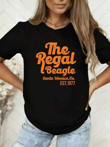 Camiseta deportiva casual, The Regal Beagle, estilo vintage con estampado retro de dibujos animados para mujer, manga corta, camiseta casual/de vacaciones para primavera/verano, al aire libre, almacén local, casual y elegante. - Negro - Ver 8