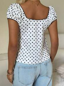de manga corta casual y versátil con cuello cuadrado para mujer, top amarillo de verano - Blanco y Negro - Ver 2
