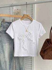 Camiseta ajustada de mujer con cuello de pico, manga raglán y patrón minimalista, 95% algodón, color caqui - Multicolor 3 - Ver 10