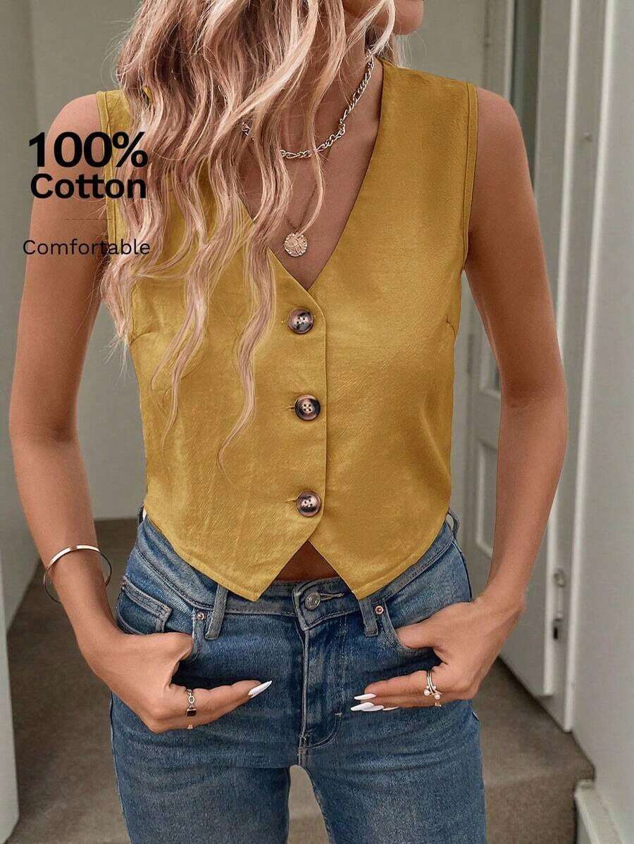 Blusa informal sin mangas de unicolor para oficina en verano, blusas sin mangas - Marrón Mocha - Ver 1