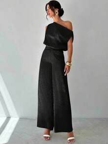 Conjunto de blusa suelta asimétrica sin hombros con baño de oro sin mangas y pantalones de pierna ancha con cintura elástica, adecuado para citas, fiestas, viajes diarios, festivales de música, ceremonias de graduación, atuendos de maestros y ocasiones formales - Negro - Ver 3