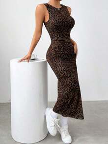 Vestido ceñido con abertura y estampado de leopardo gris sexy para mujer, moda de verano - Marrón - Ver 4