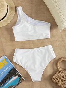 Swim Conjunto de bikini fruncido de unicolor para playa y vacaciones de verano - Blanco - Ver 2
