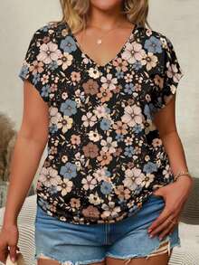 Blusa informal de talla grande con cuello en V, mangas tipo murciélago y estampado floral para el verano, ideal para vacaciones - Multicolor 4 - Ver 9