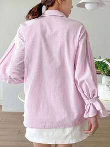 Camisa con volantes y hombros caídos a rayas verticales, blusas de manga larga, ropa de otoño - Rosa Pálido - Ver 5