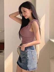 Top de camisola fruncido para mujer, top de cami ajustado y versátil - Rosa - Ver 4